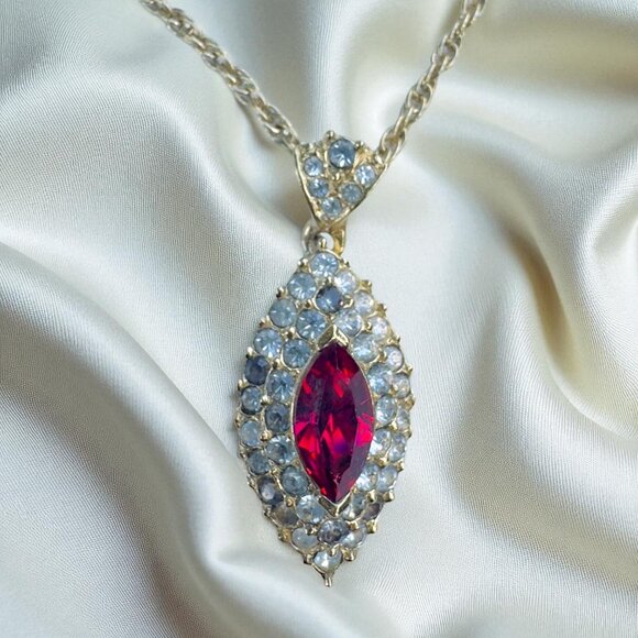 Vintage Attwood & Sawyer Ruby and White Rhinestones Gold Tone Pendant Necklace - Picture 8 of 16